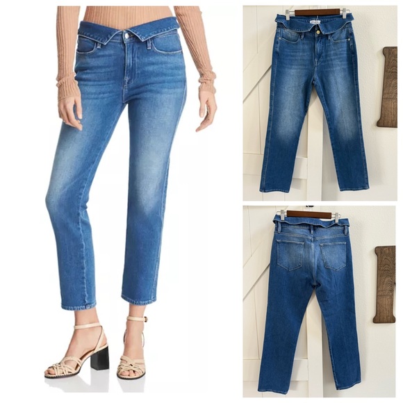 FRAME Le High Straight Fold Over Waist Stretch Ankle Cropped Denim Jeans Size 28 - Picture 1 of 14